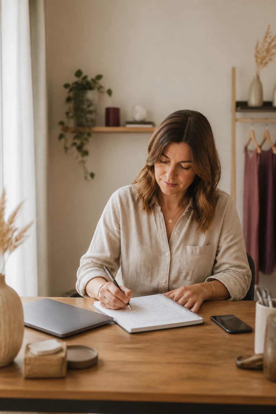 Communications: A provider planning a client communication with a blank notebook and an unbranded device