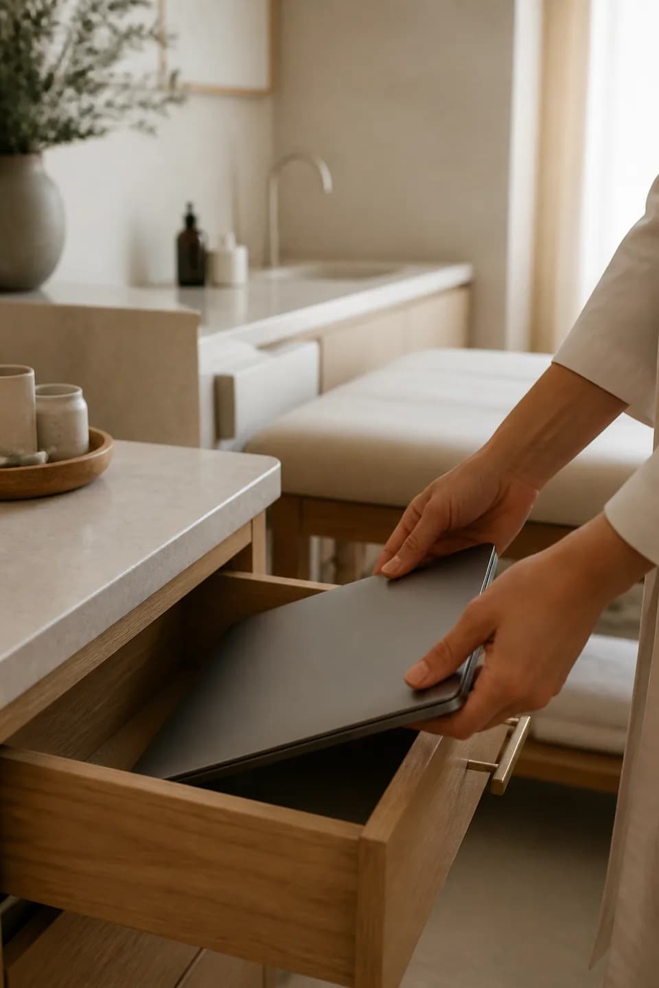 Security: A provider placing a work laptop into a closed drawer