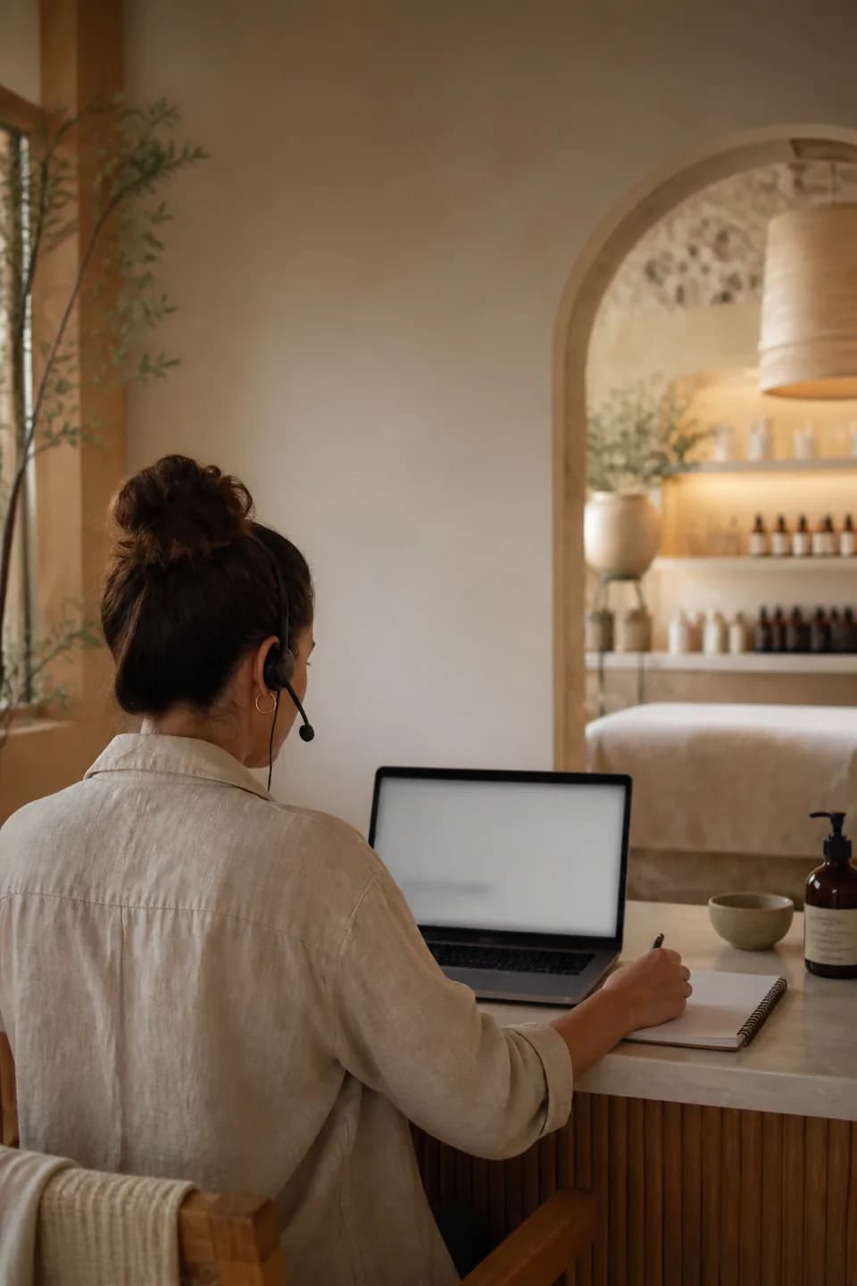 Support: A provider consulting a laptop and notebook with a discreet headset